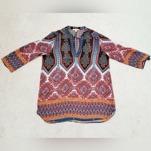Gibson Latimer Women’s Tunic Top Medium Boho Geometric Print 3/4 Sleeve Sheer - Picture 6 of 11